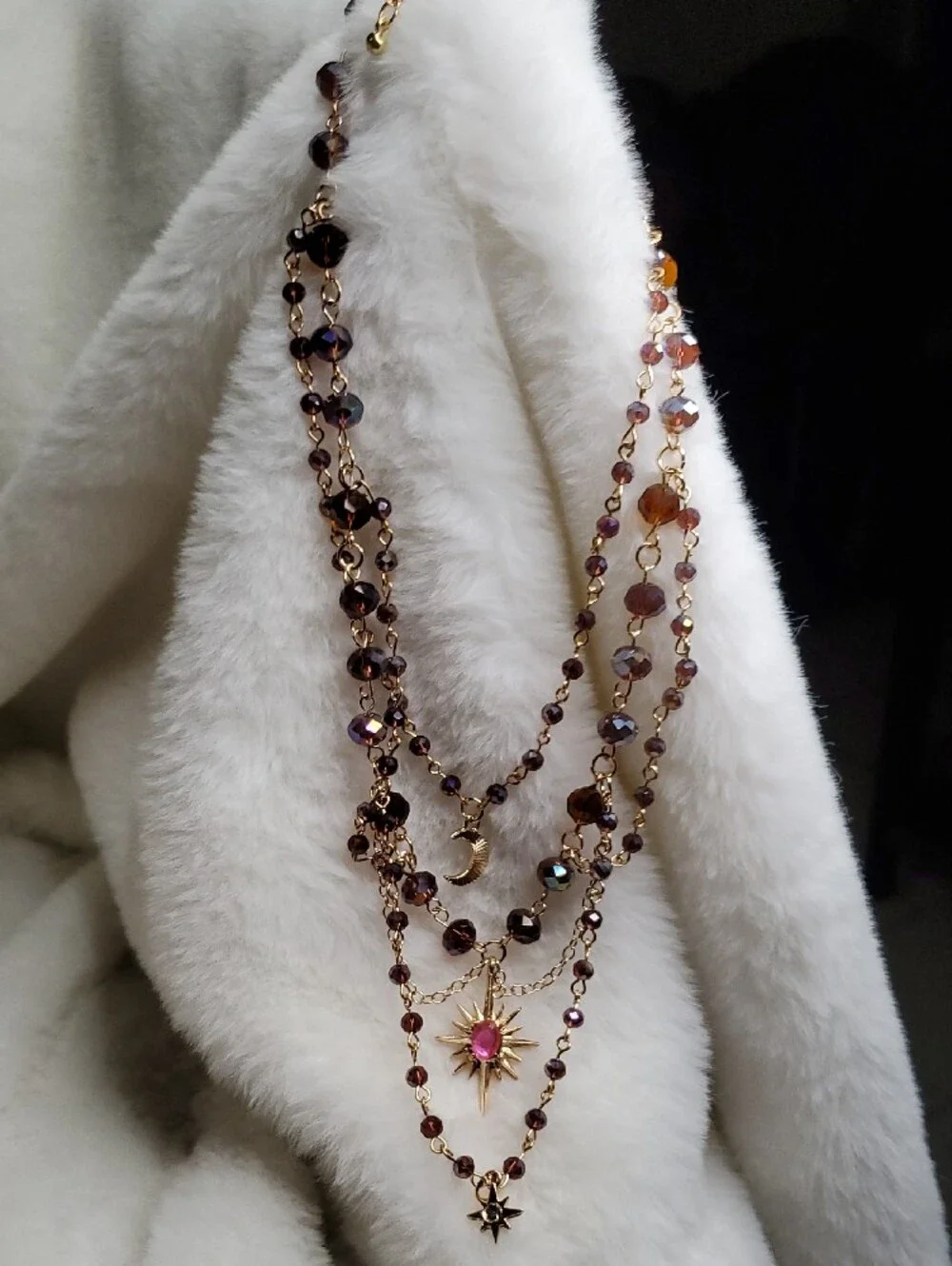 Fashion Jewelry Gold-Tone Layered Necklace with Brown Beads and Pink Star Accent